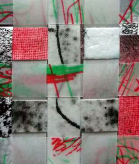 Detail of work by Helen Wood inspired by Bradford College Textile Archive 